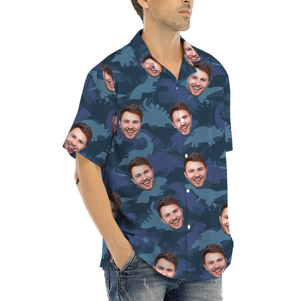 Camouflage Dinosaur Hawaiian Shirt With Custom Face