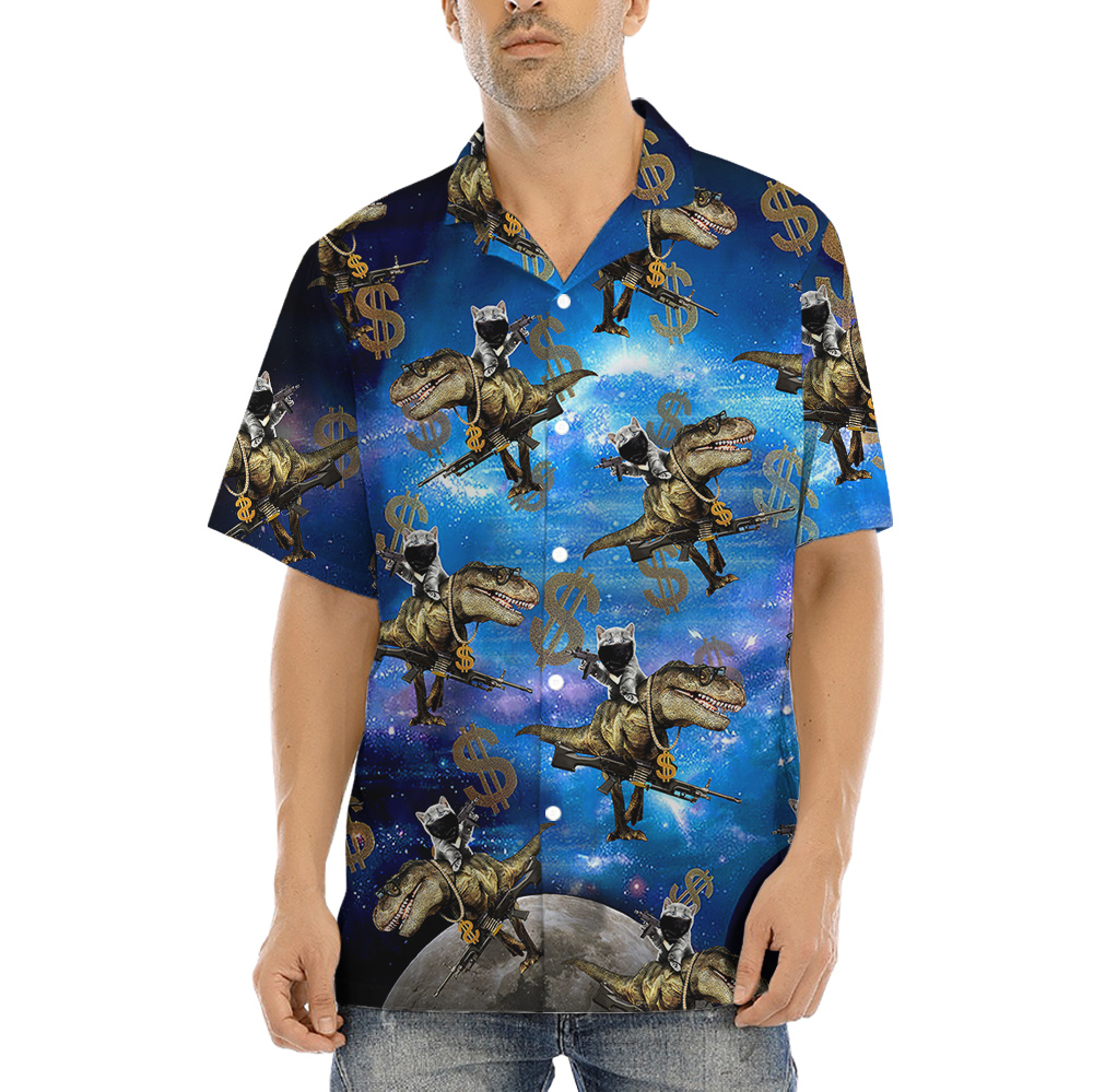 Funny Cat With Gun On Dinosaur Hawaiian Shirt - variant image 1