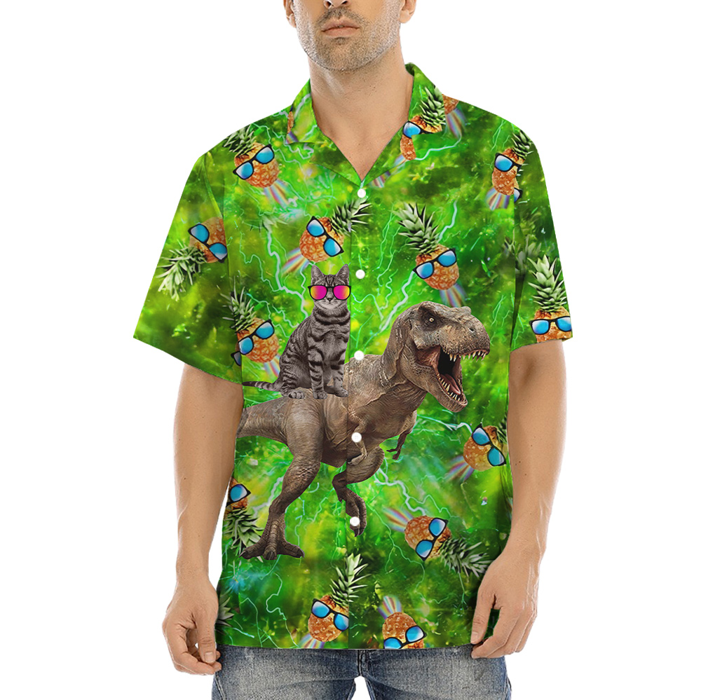 Funny Cat Riding Dinosaur Pineapple Green Hawaiian Shirt - variant image 1