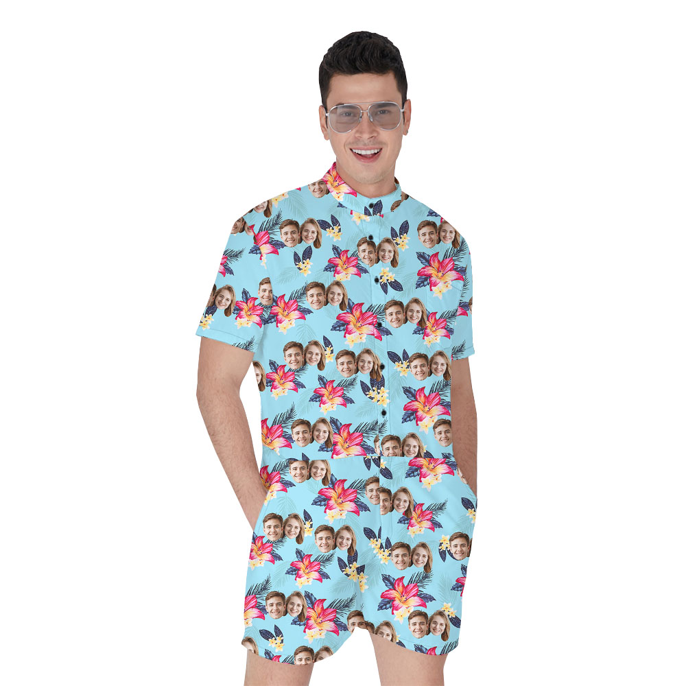 Vintage Blue Flower Men's Beach Romper With Faces - variant image 1