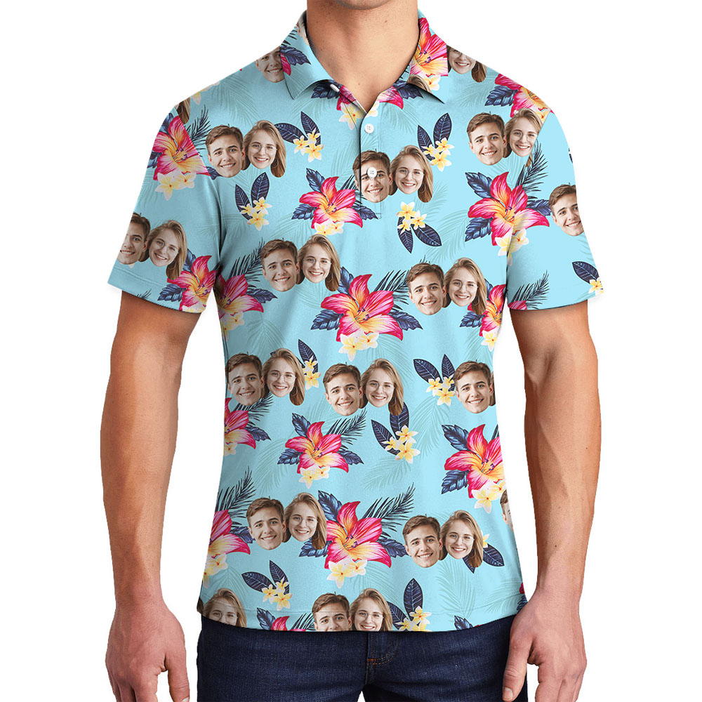 Floral Blue Men's Polo Shirt With Personalized 1-5 Faces - variant image 1