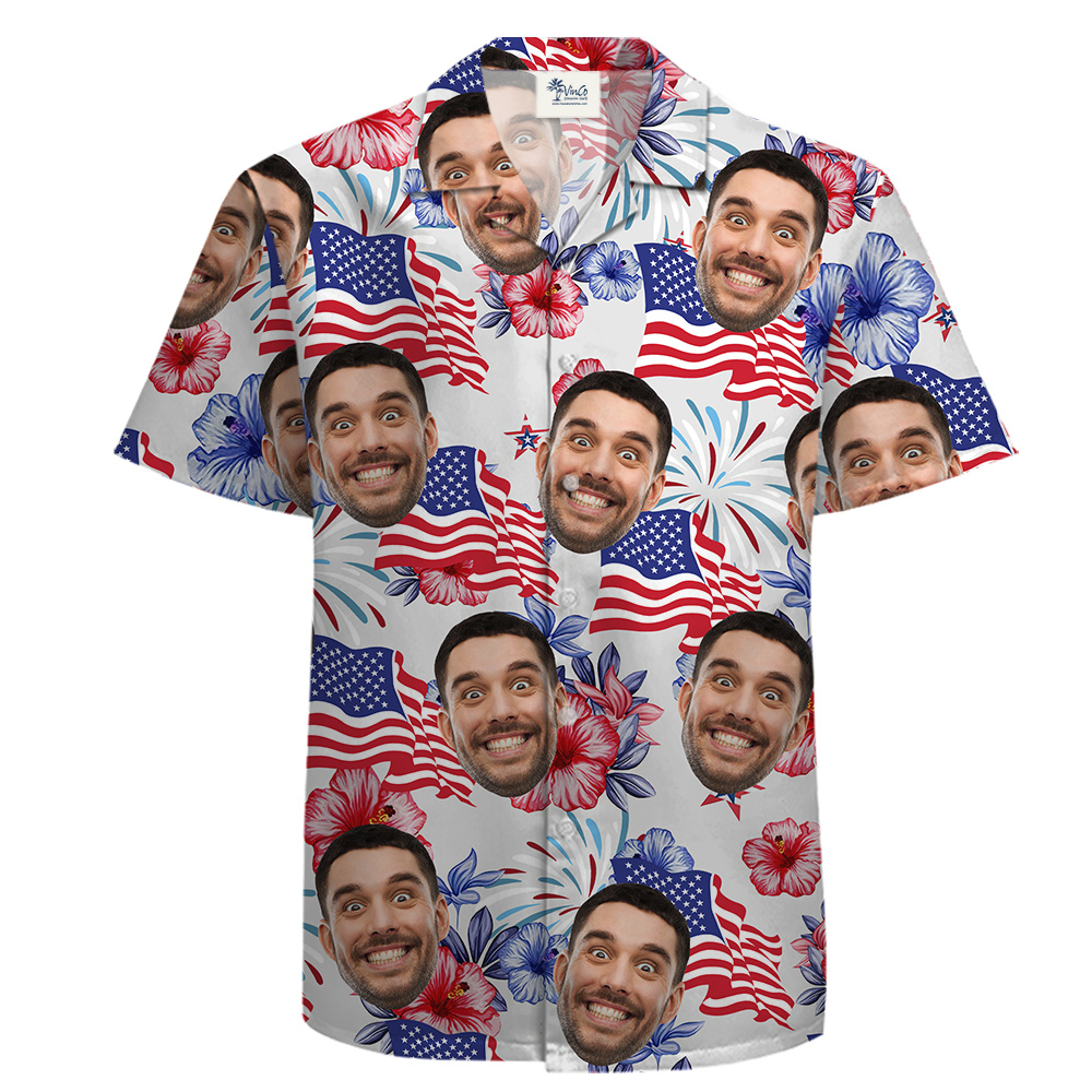 American Flag White Cotton Hawaiian Shirt Custom 1-5 Faces - variant image 1