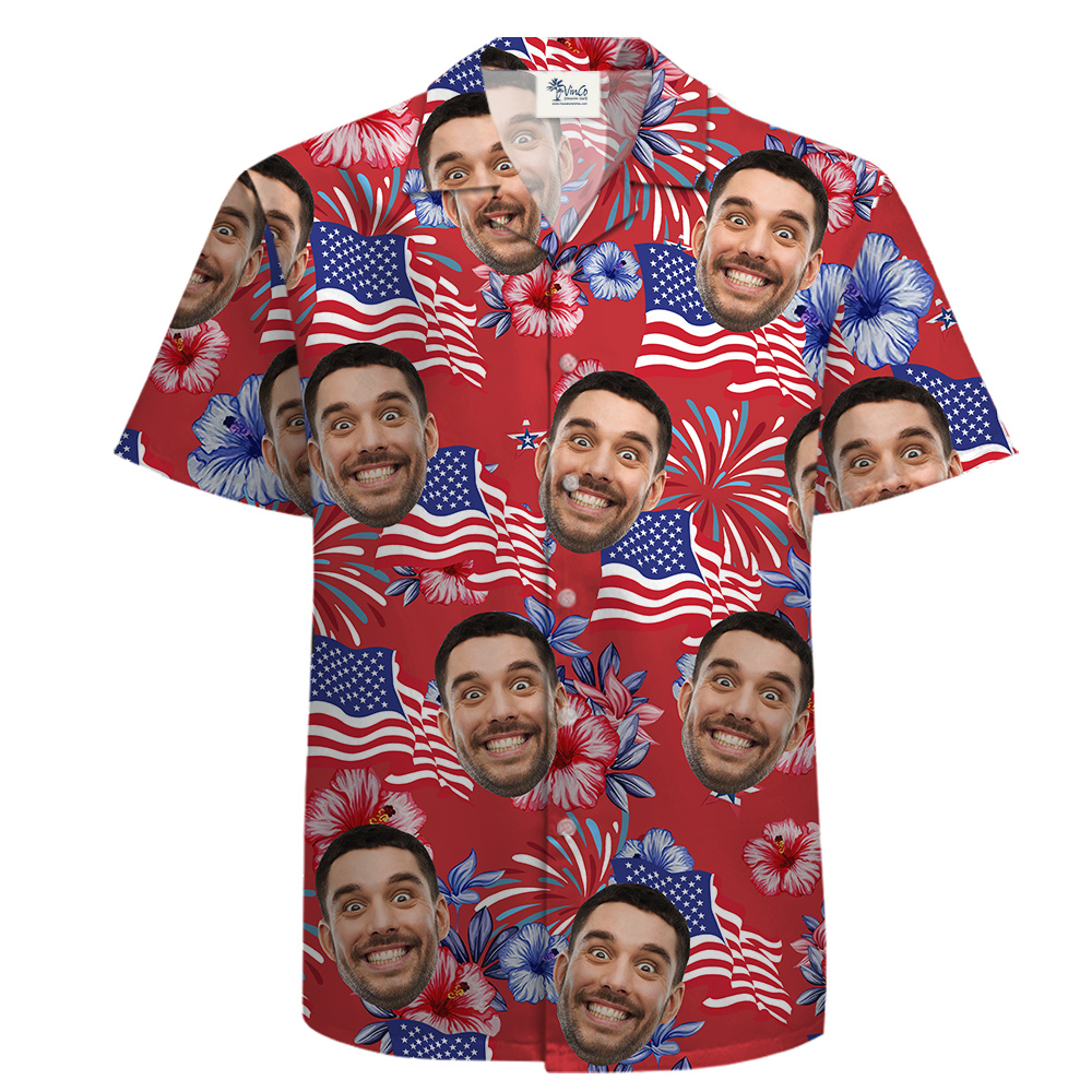 American Flag Red Cotton Hawaiian Shirt Custom 1-5 Faces - variant image 1