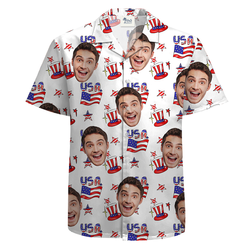 White Cotton 4th of July Hawaiian Shirt Custom Faces - variant image 1