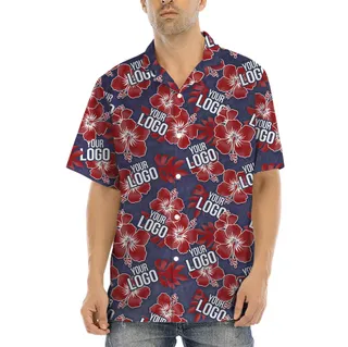 Red Hibiscus Navy Custom Hawaiian Shirt With Company Logo
