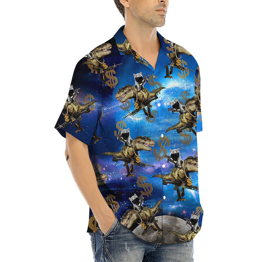 Funny Cat With Gun On Dinosaur Hawaiian Shirt