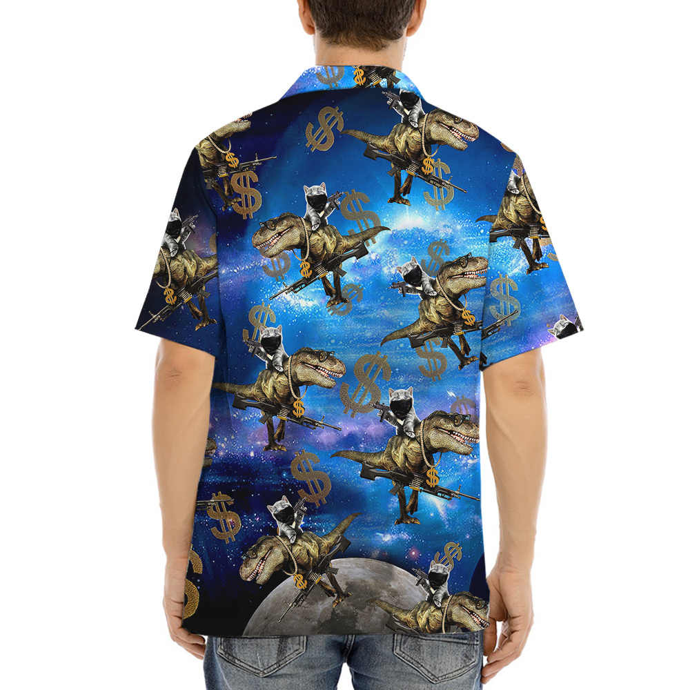 Funny Cat With Gun On Dinosaur Hawaiian Shirt