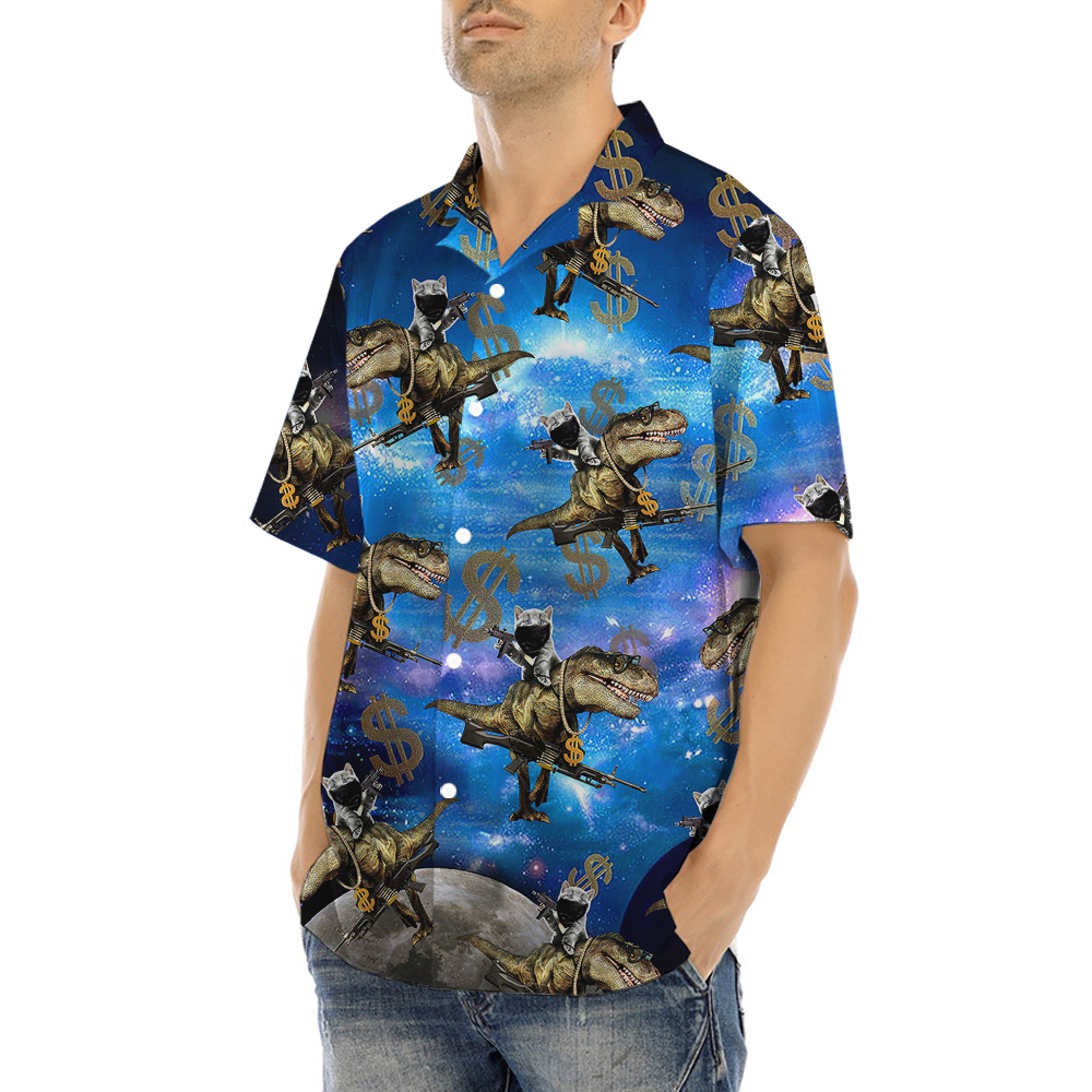 Funny Cat With Gun On Dinosaur Hawaiian Shirt