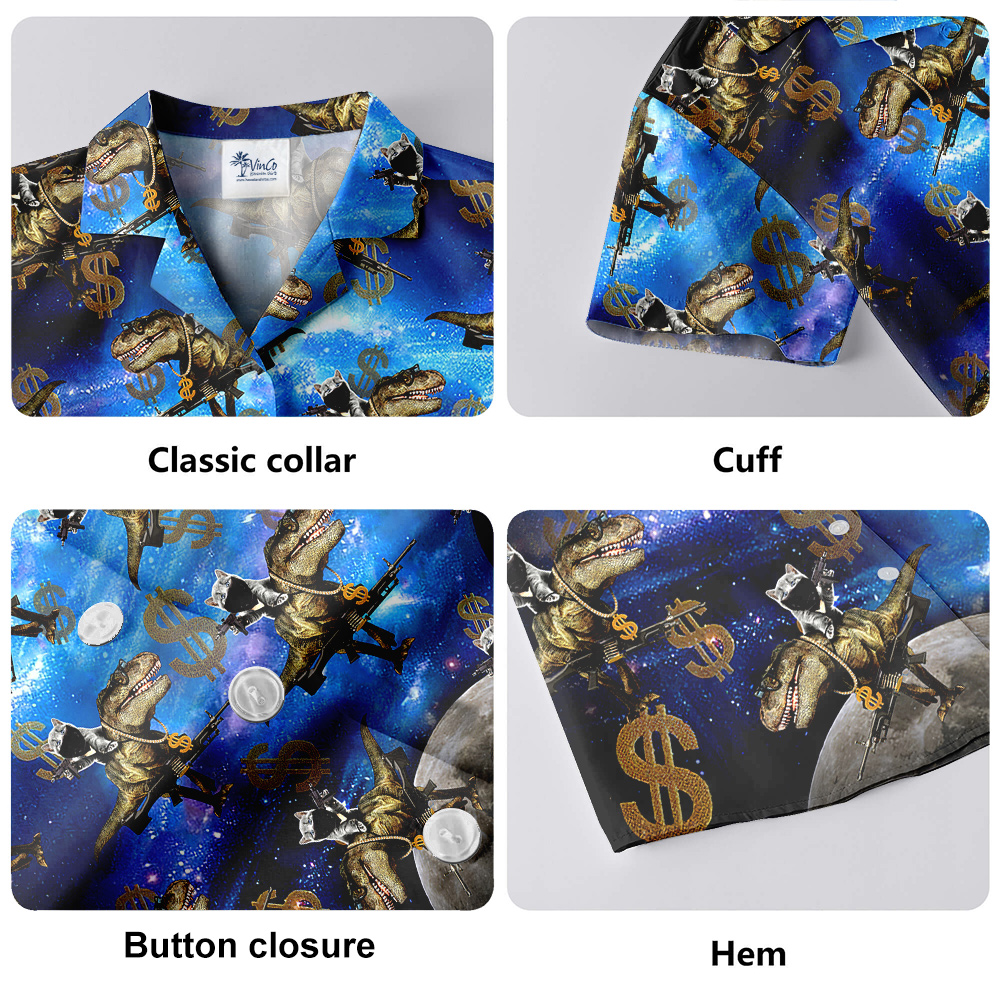 Funny Cat With Gun On Dinosaur Hawaiian Shirt