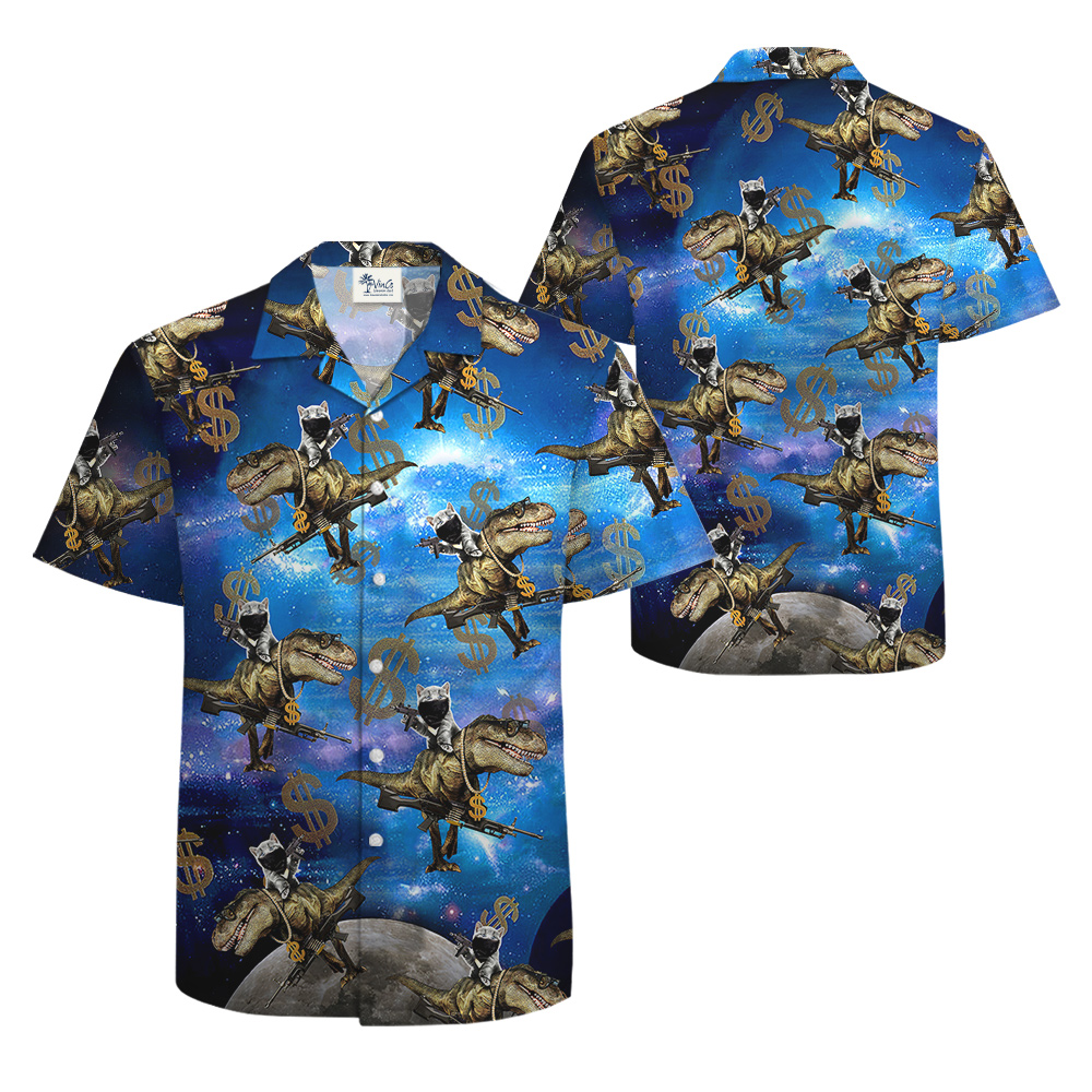 Funny Cat With Gun On Dinosaur Hawaiian Shirt