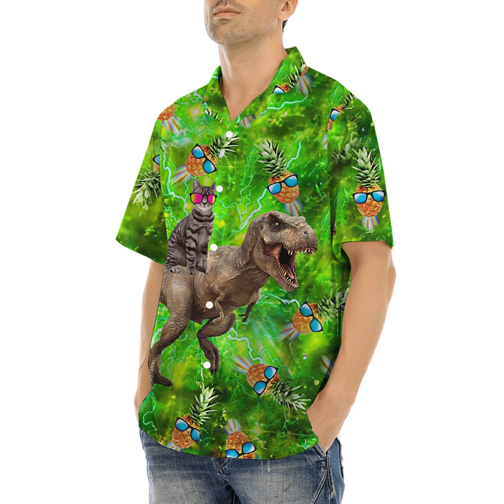 Funny Cat Riding Dinosaur Pineapple Green Hawaiian Shirt