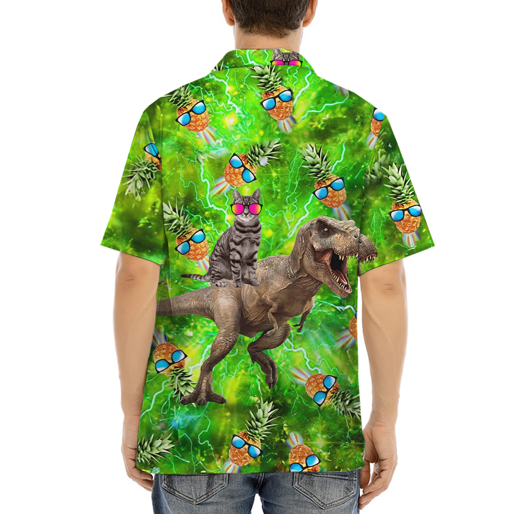 Funny Cat Riding Dinosaur Pineapple Green Hawaiian Shirt