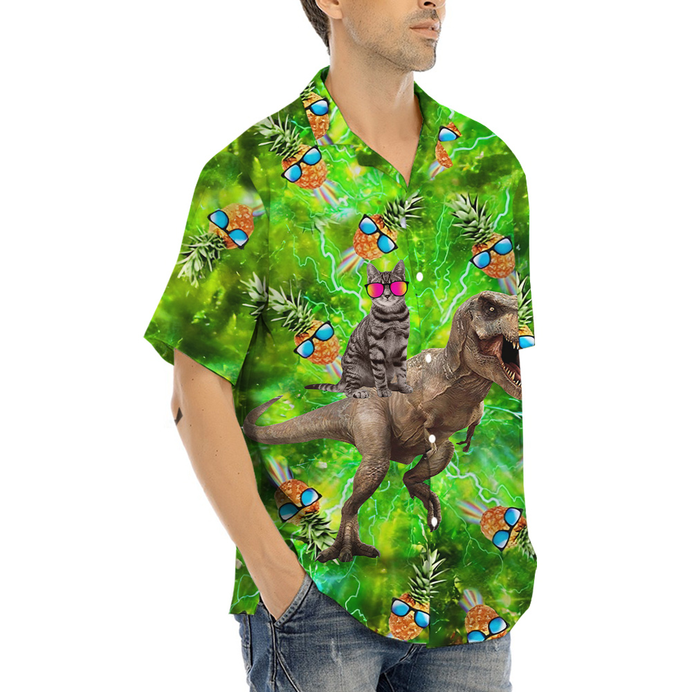 Funny Cat Riding Dinosaur Pineapple Green Hawaiian Shirt