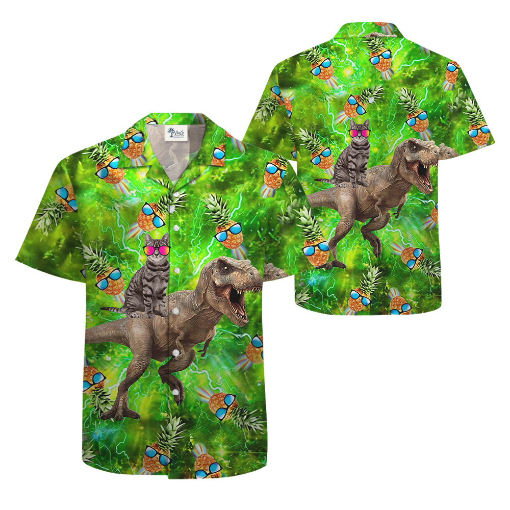 Funny Cat Riding Dinosaur Pineapple Green Hawaiian Shirt
