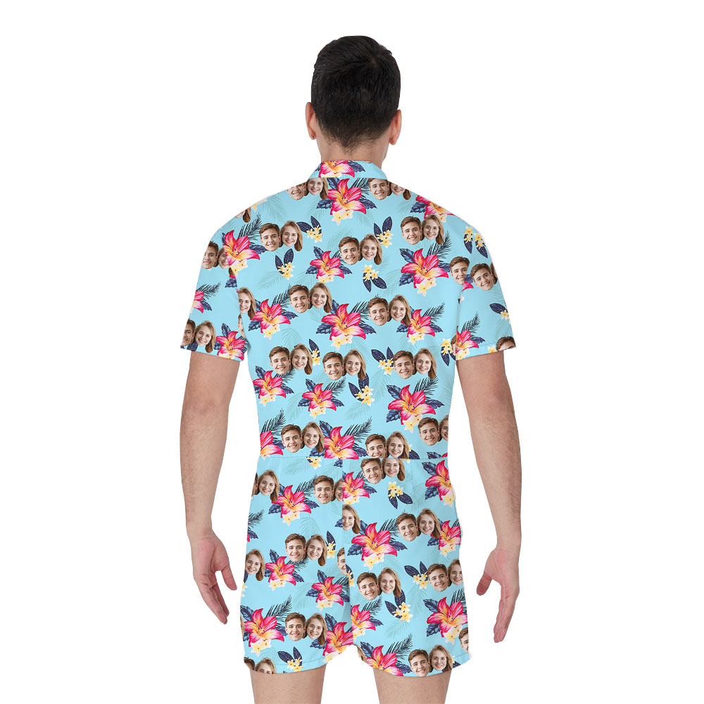 Vintage Blue Flower Men's Beach Romper With Faces
