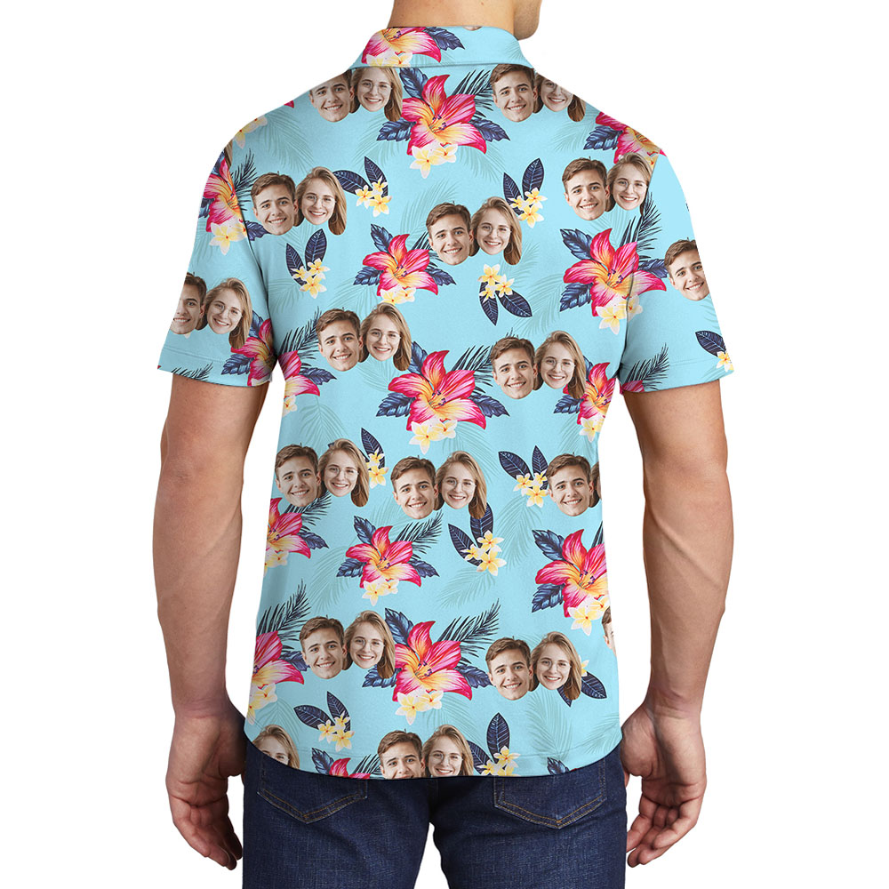Floral Blue Men's Polo Shirt With Personalized 1-5 Faces
