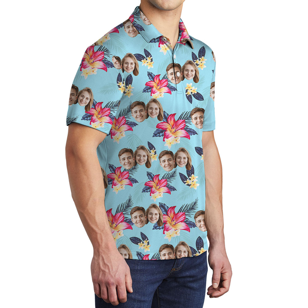 Floral Blue Men's Polo Shirt With Personalized 1-5 Faces