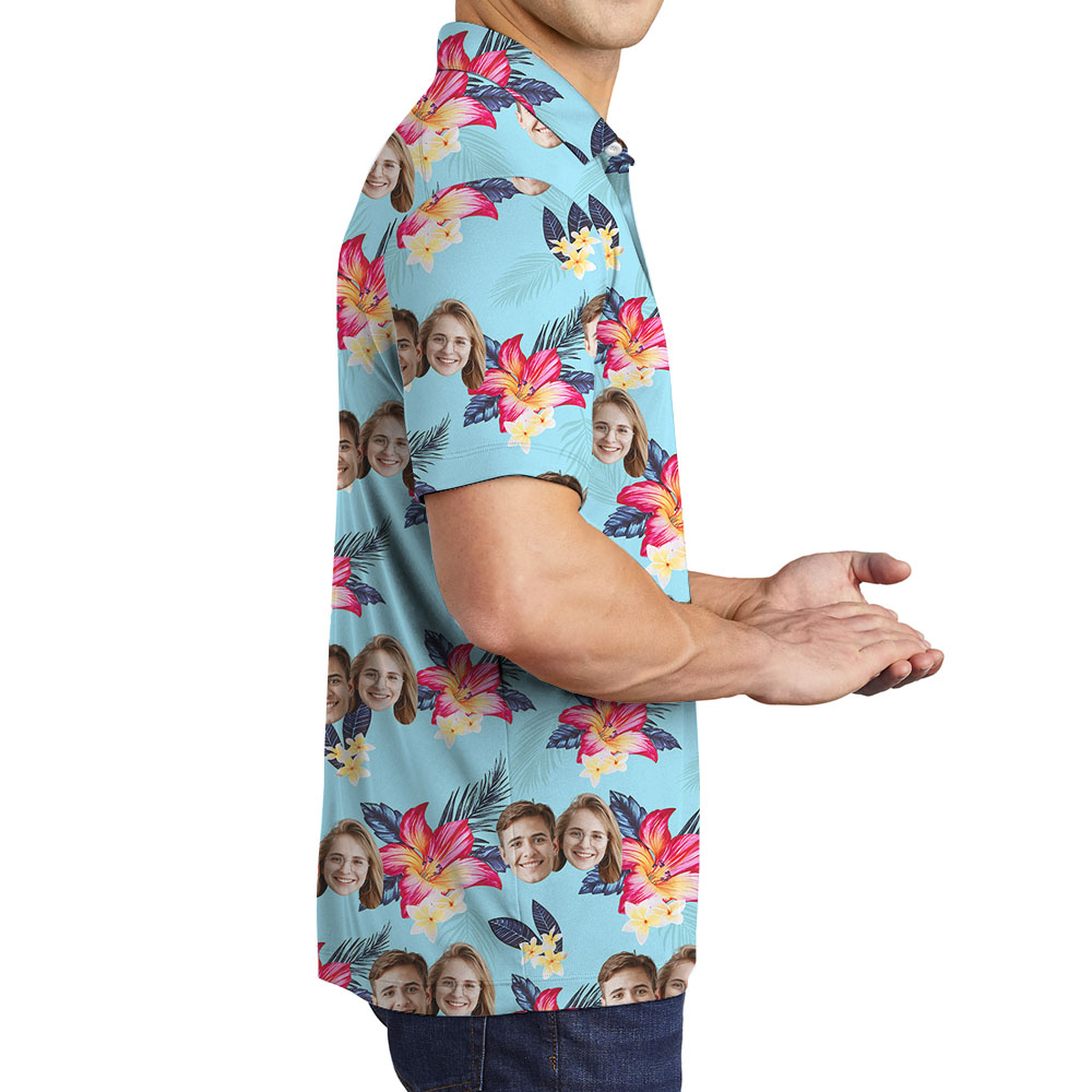 Floral Blue Men's Polo Shirt With Personalized 1-5 Faces
