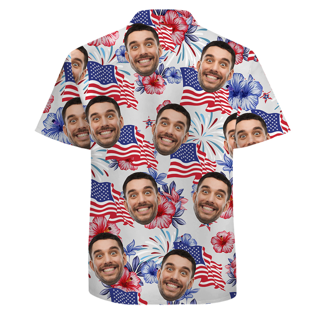 American Flag White Cotton Hawaiian Shirt Custom 1-5 Faces