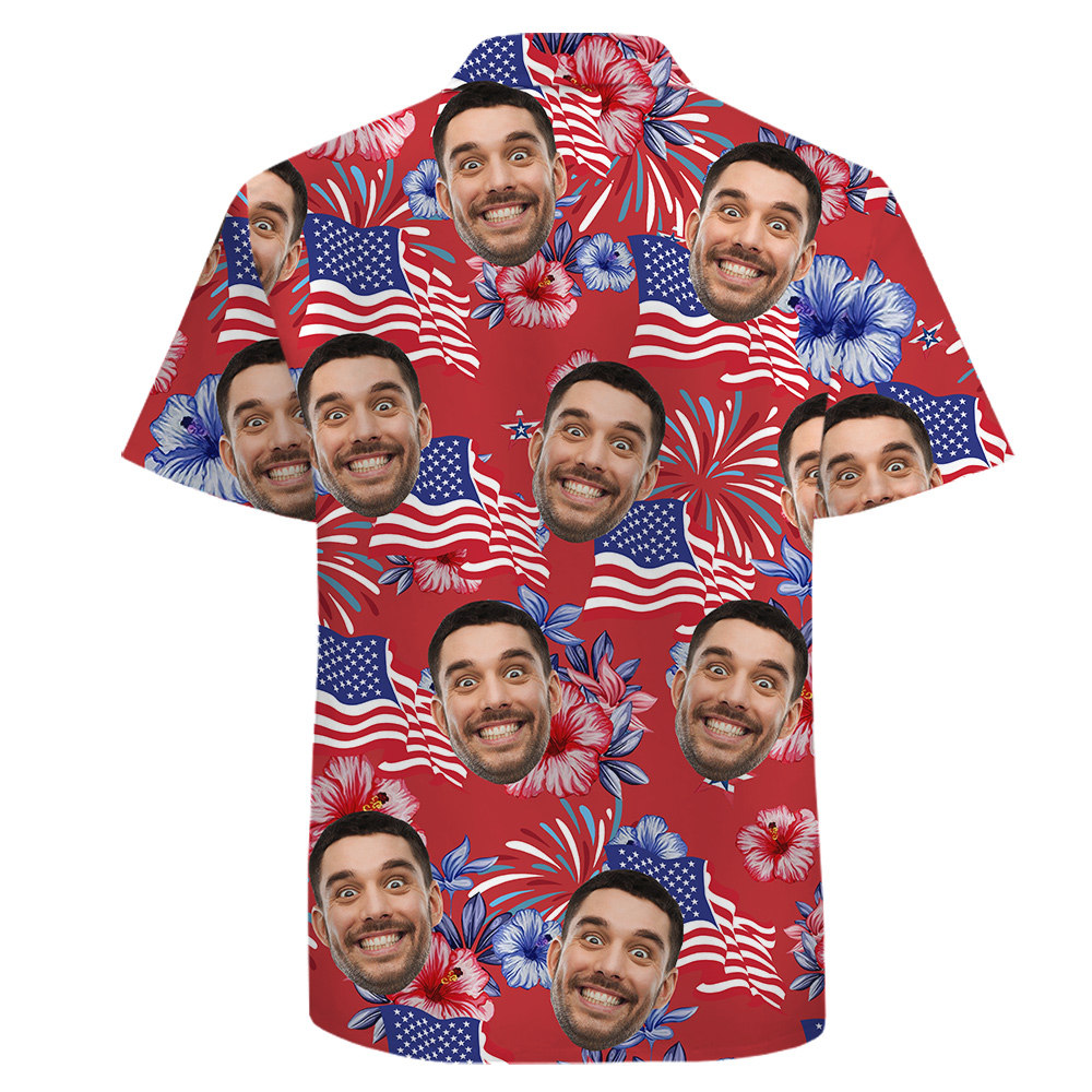 American Flag Red Cotton Hawaiian Shirt Custom 1-5 Faces