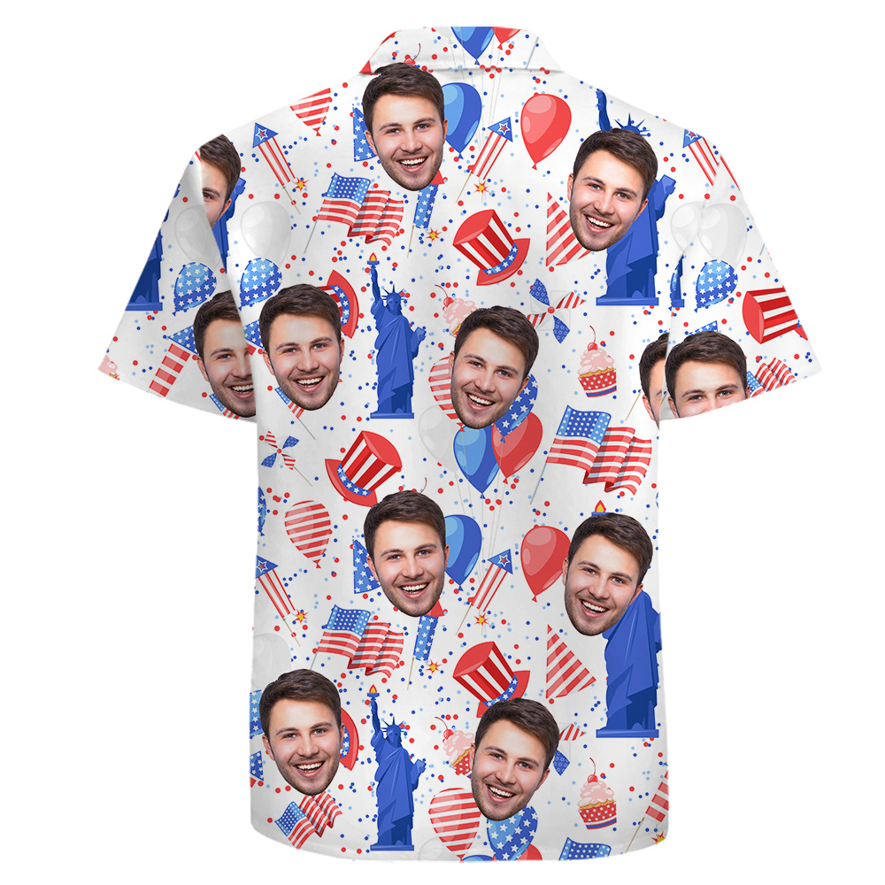 Custom 1-5 Faces Patriotic Cotton White Hawaiian Shirt