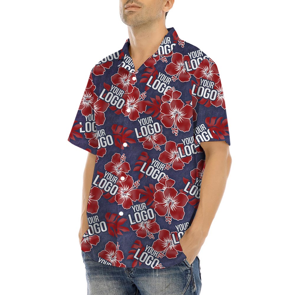 Red Hibiscus Navy Custom Hawaiian Shirt With Company Logo
