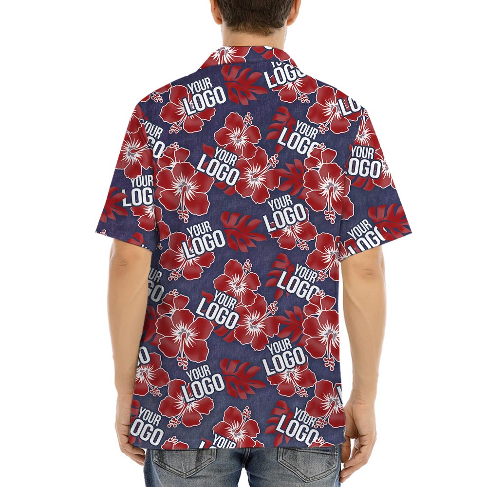 Red Hibiscus Navy Custom Hawaiian Shirt With Company Logo