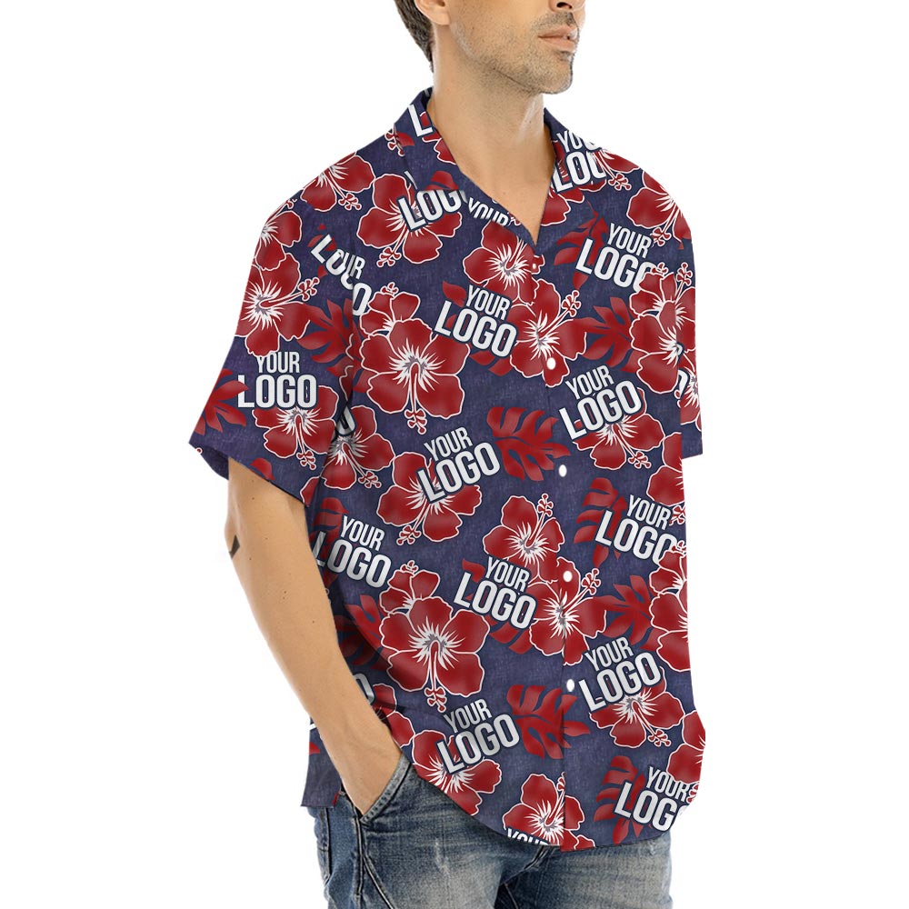 Red Hibiscus Navy Custom Hawaiian Shirt With Company Logo