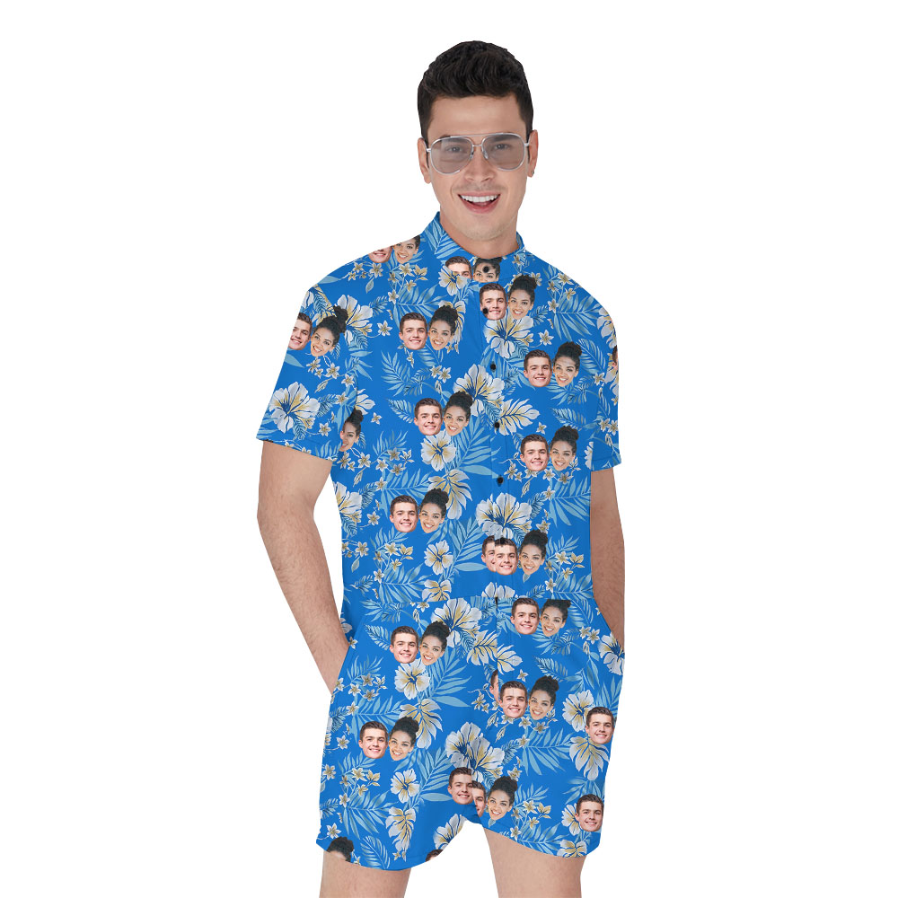 Cool Men's Beach Romper With 5 Faces And Hibiscus Print - variant image 1