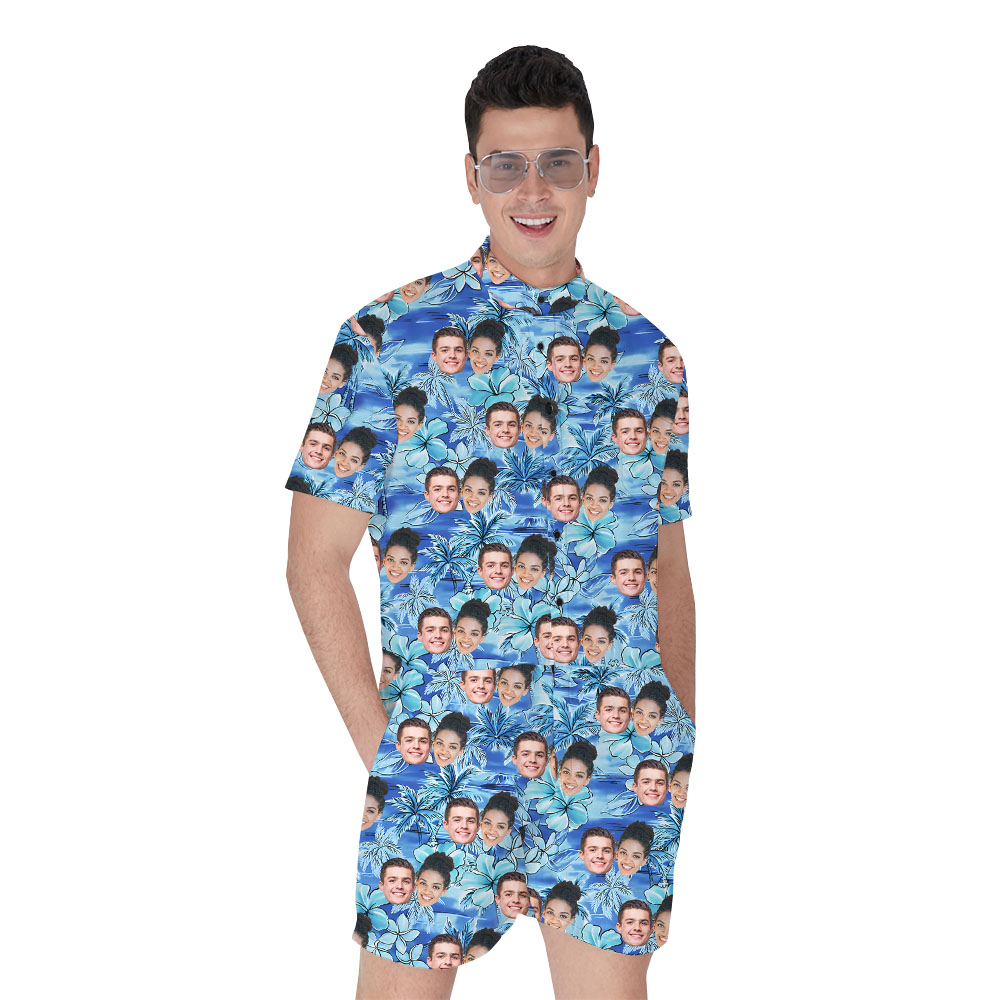 Custom Face Men's Romper With Blue Floral Print - variant image 1