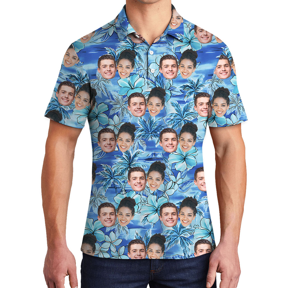 Blue Floral Theme Collared Polo Shirt With 5 Faces - variant image 1