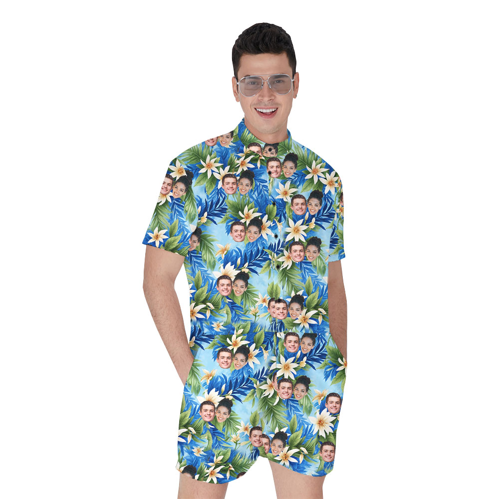Awesome Floral Blue Men's Romper With 1-5 Faces - variant image 1