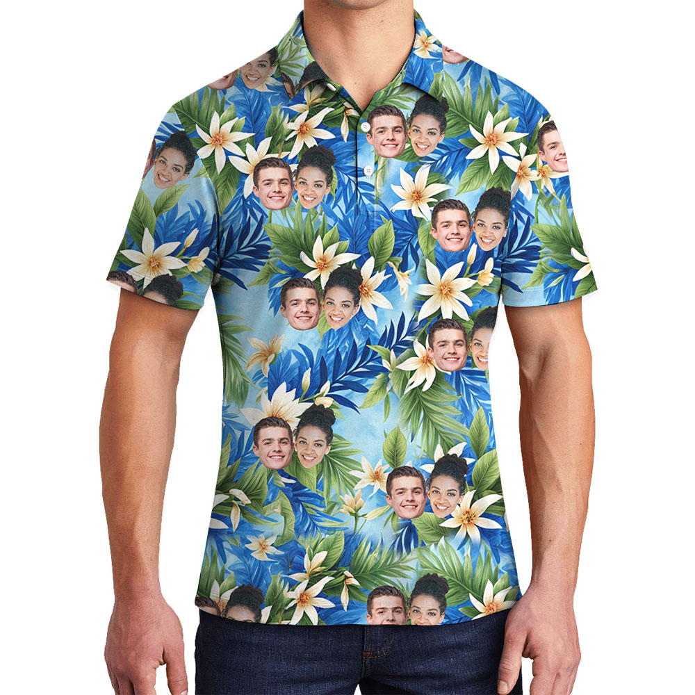 Vintage Blue Flower Men's Collared Golf Shirt With Faces - variant image 1