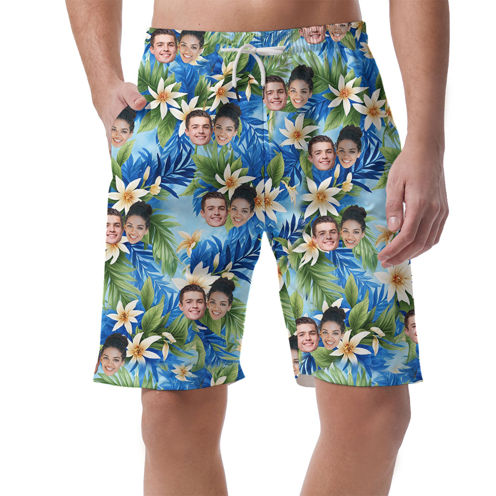 Blue Men's Beach Shorts With Floral And Multiple Faces - variant image 1