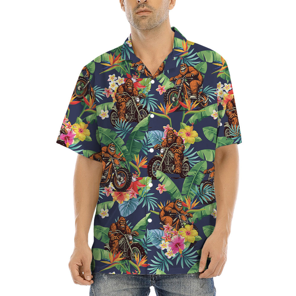 Funny Bigfoot Riding Motorcycle Tropical Hawaiian Shirt - variant image 1