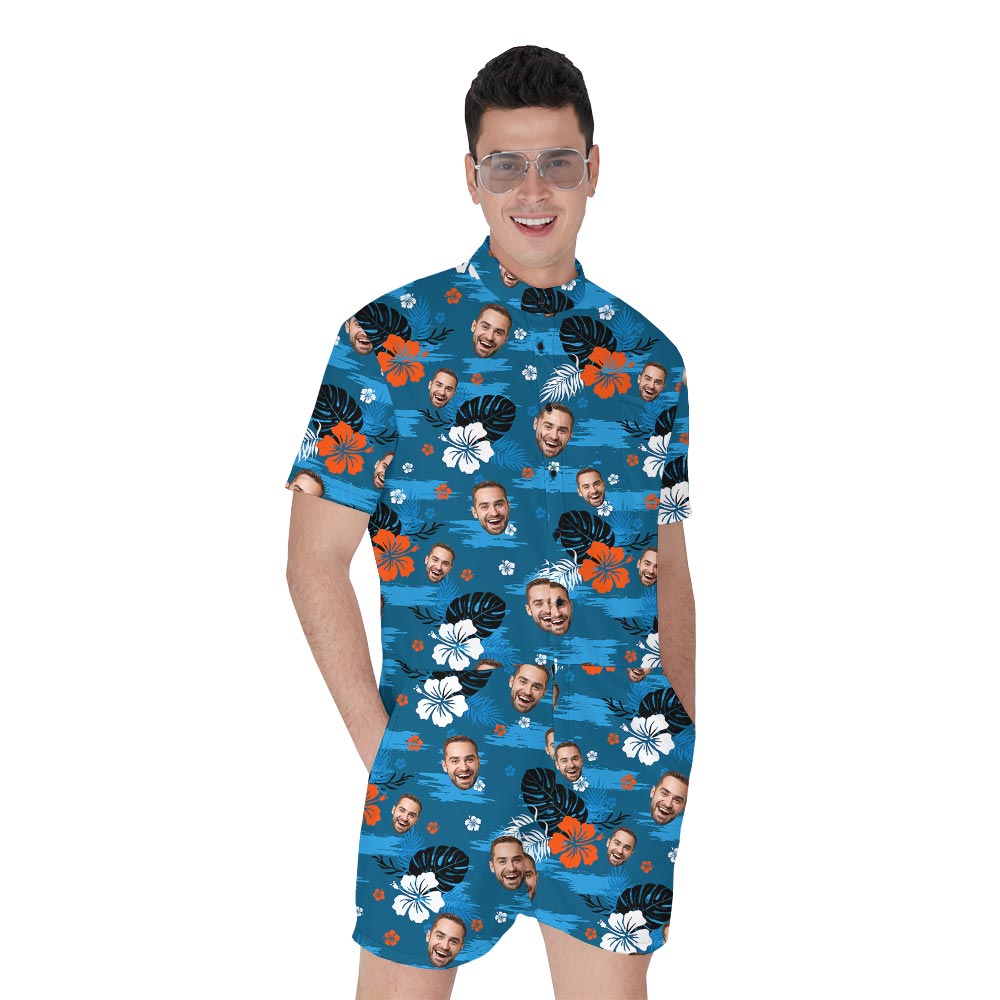 Blue Tropical Male One Piece Romper With Custom Face - variant image 1