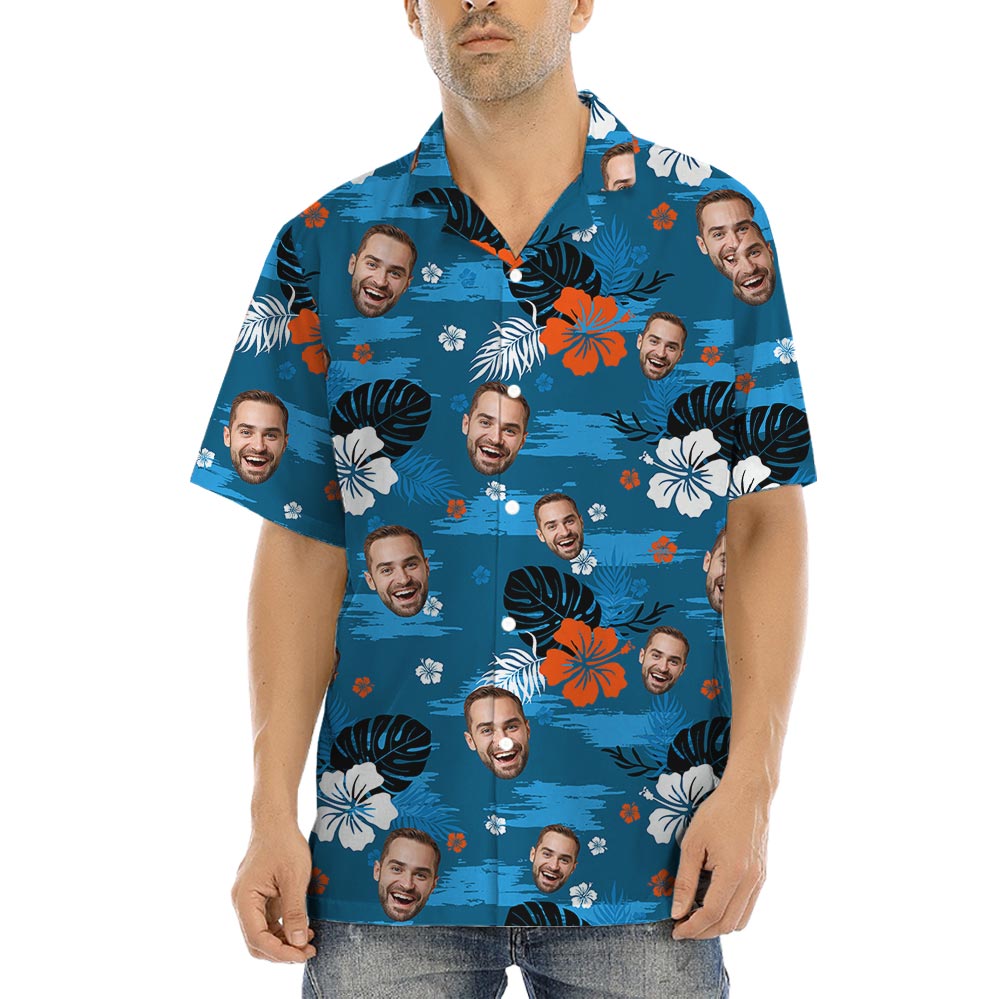Blue Hawaiian Collared Shirt With Custom Multiple Faces - variant image 1