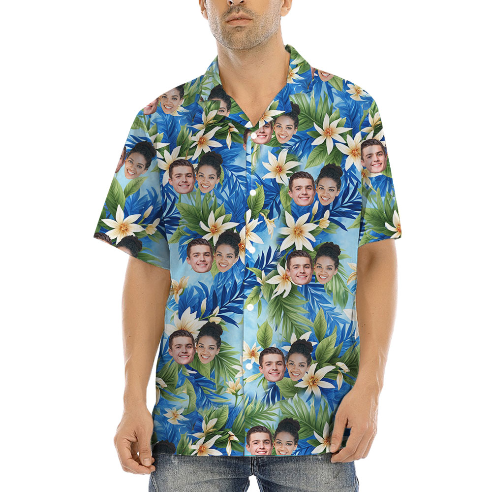 Vintage Blue Floral Hawaiian Shirt With Up To 5 Faces - variant image 1