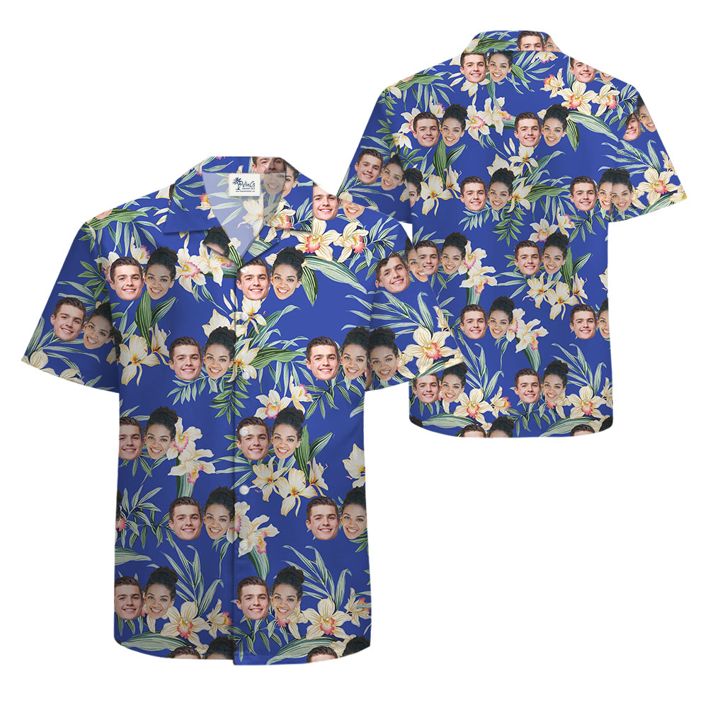Personalized Face Hawaiian Shirt With Blue Floral Print