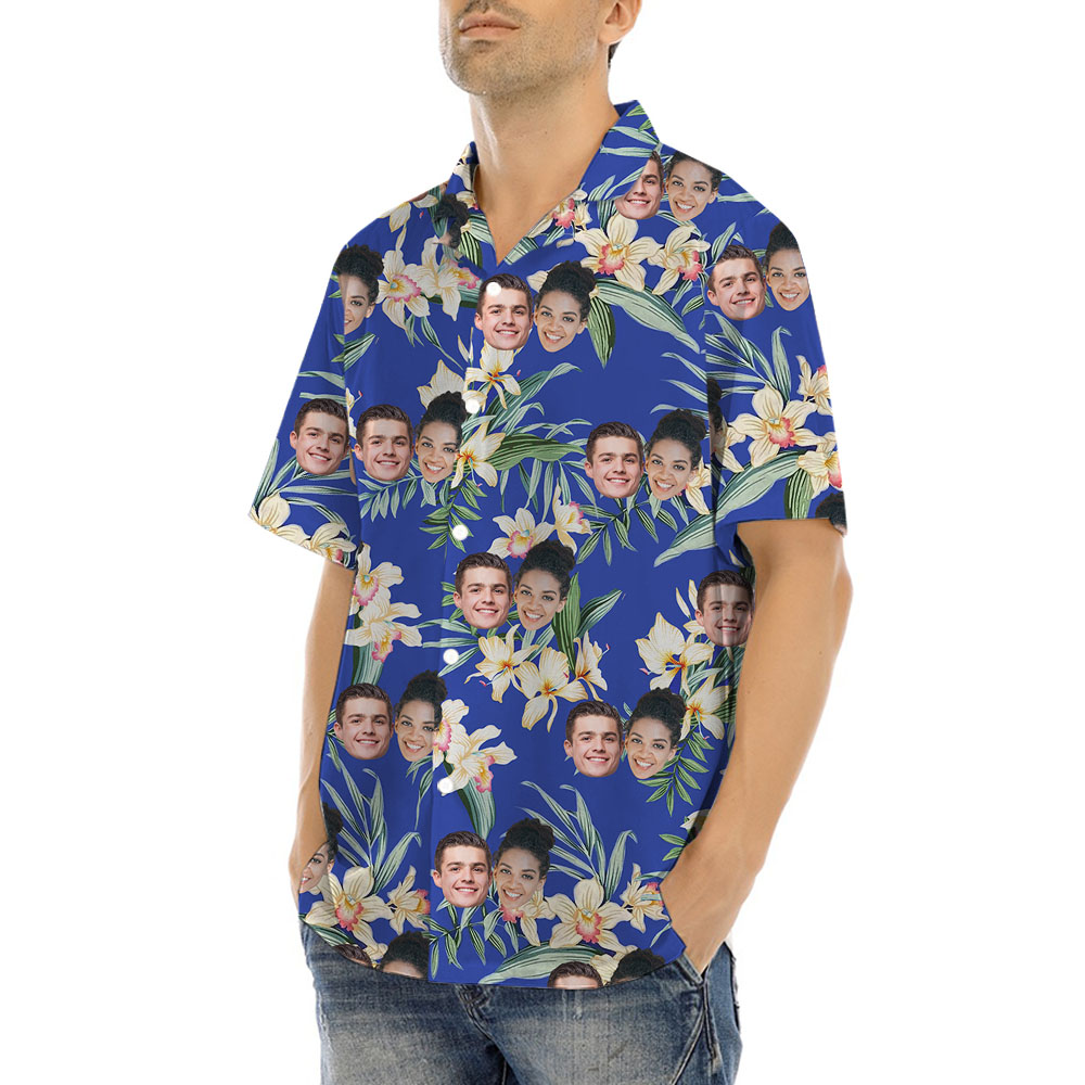 Personalized Face Hawaiian Shirt With Blue Floral Print