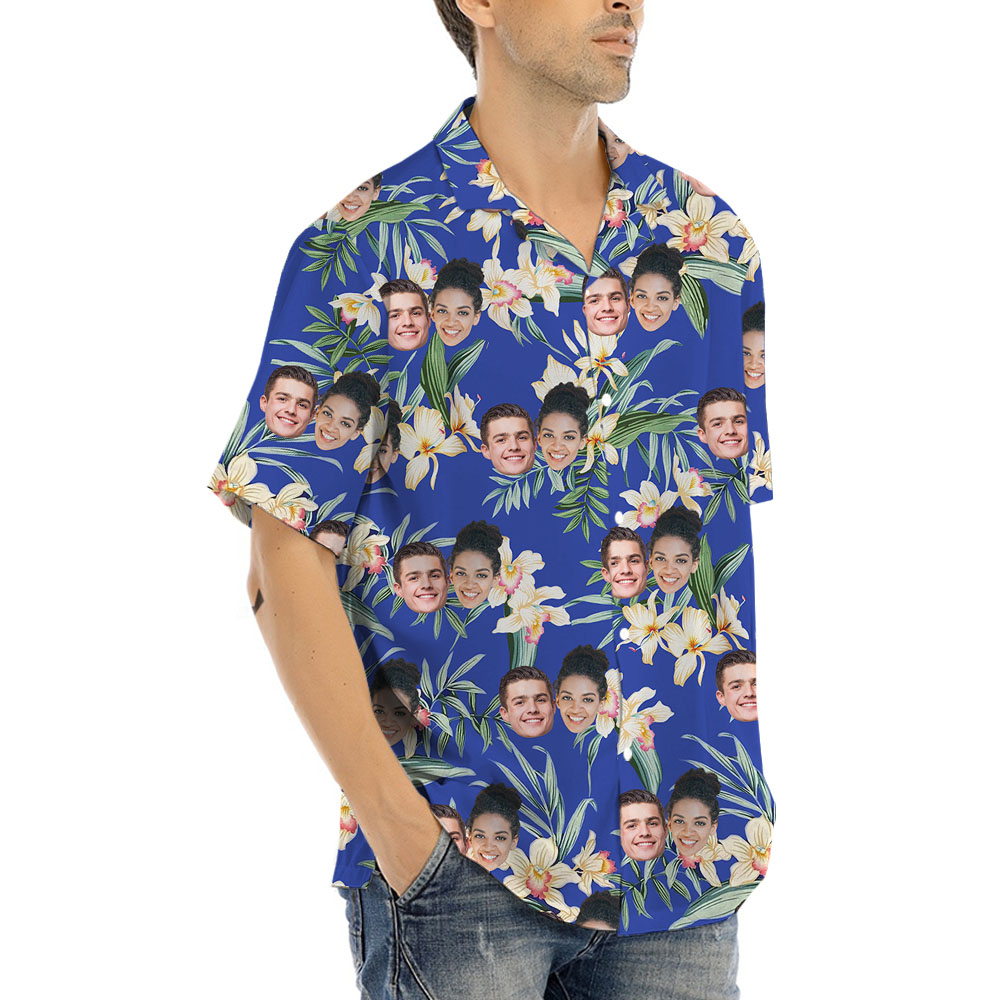 Personalized Face Hawaiian Shirt With Blue Floral Print