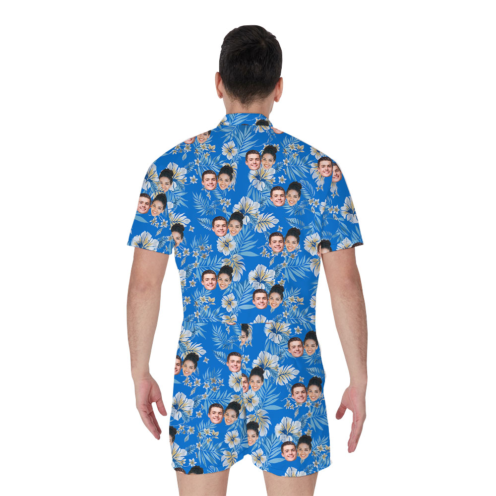 Cool Men's Beach Romper With 5 Faces And Hibiscus Print