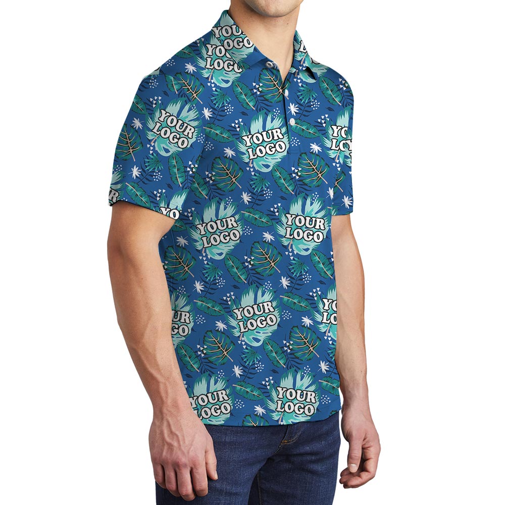 Custom Blue Team Hawaiian Polo Shirt With Logo
