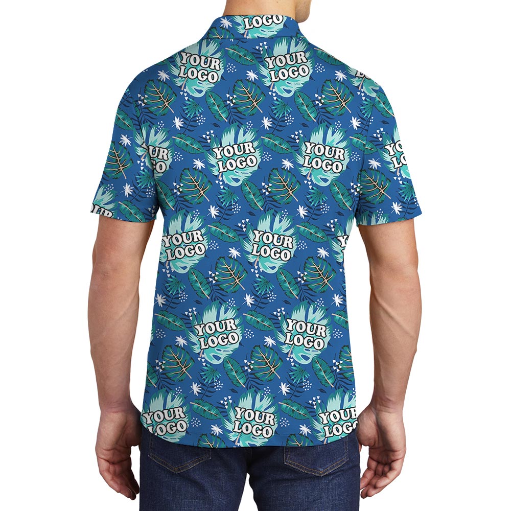 Custom Blue Team Hawaiian Polo Shirt With Logo