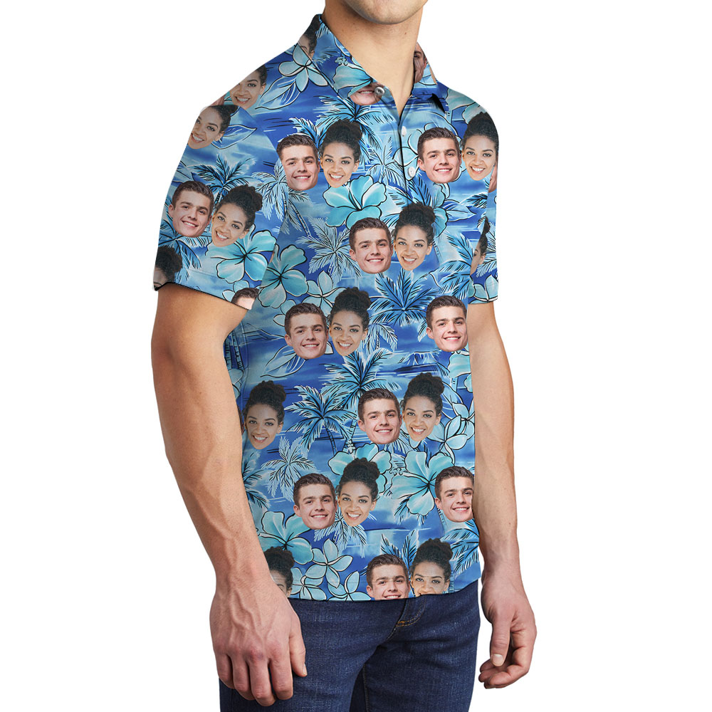 Blue Floral Theme Collared Polo Shirt With 5 Faces