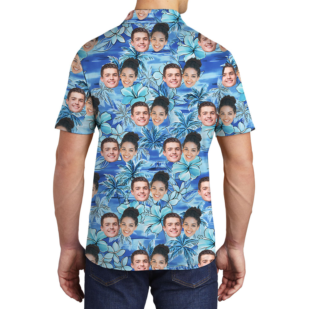 Blue Floral Theme Collared Polo Shirt With 5 Faces