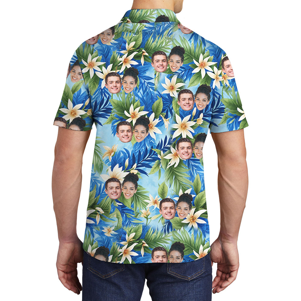 Vintage Blue Flower Men's Collared Golf Shirt With Faces