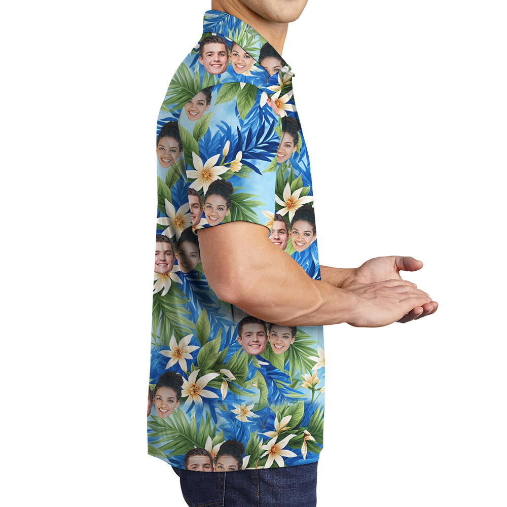 Vintage Blue Flower Men's Collared Golf Shirt With Faces