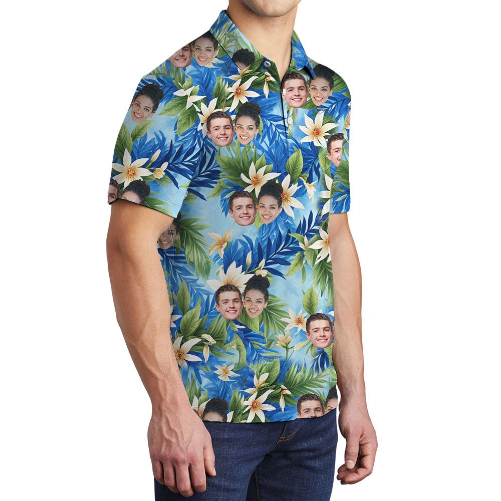 Vintage Blue Flower Men's Collared Golf Shirt With Faces