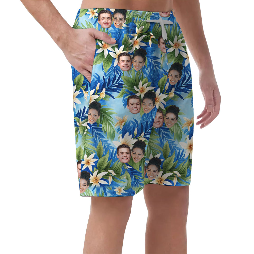 Blue Men's Beach Shorts With Floral And Multiple Faces